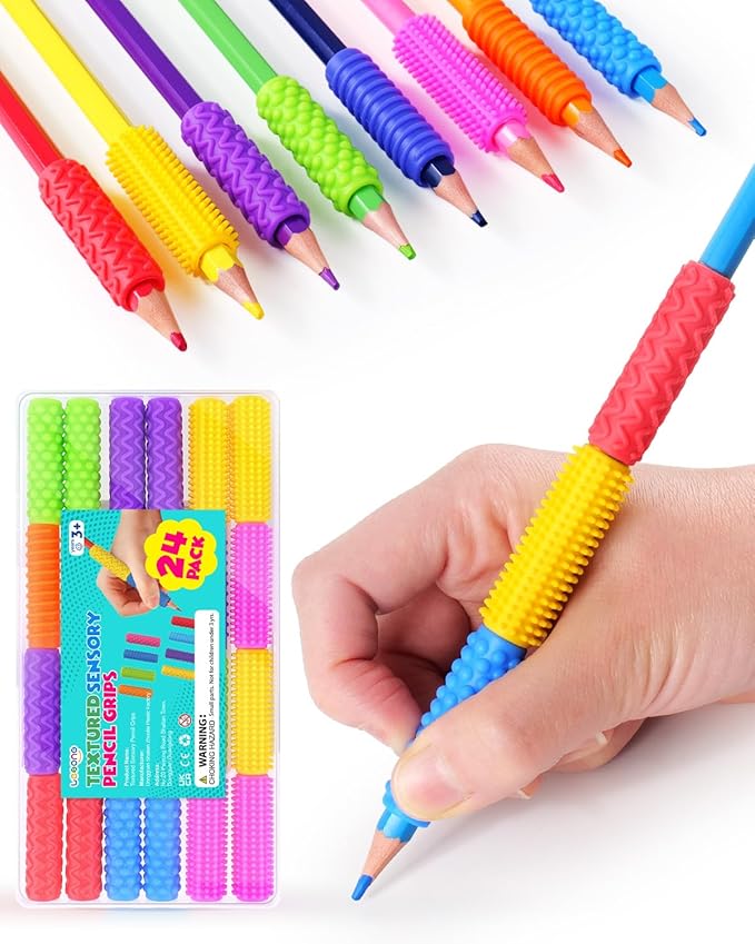 Sensory Fidget Toys Kids Adults: 24 Pack Textured Silicone Pencil Grips for Autism Kids Calming - ADHD Tools for Anxiety Relief Items - Quite Fidget Toy Gifts Christmas Stocking Stuffers for Kids