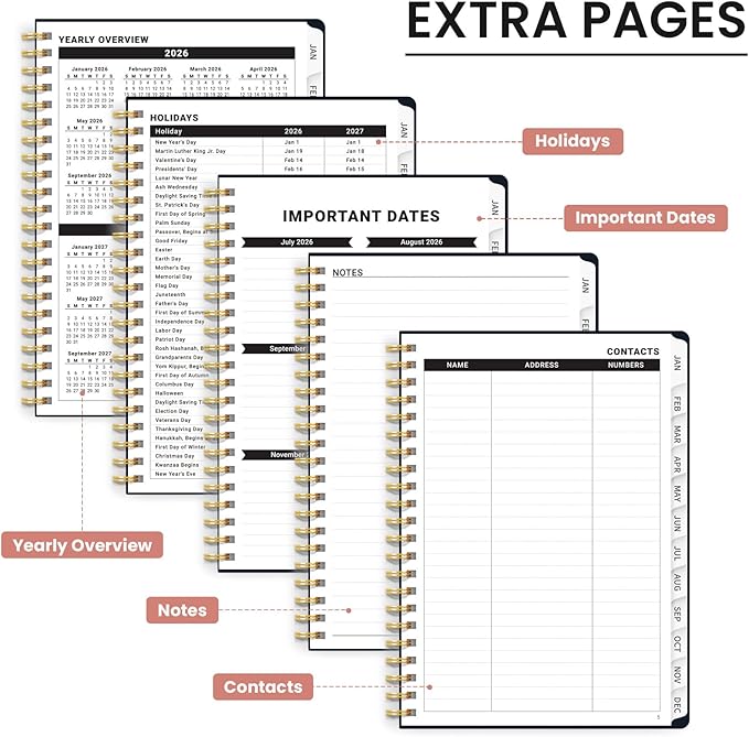 2026 Planner, Monthly and Weekly Calendar Planner for Women, January 2026 - December 2026, Hardcover Pretty 2026 Agenda Planner Book with Tabs, Spiral Bound, Perfect for School Office Home Supplies, 6.3" x 8.5" - Evening Petals