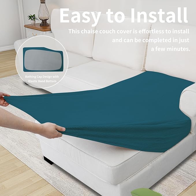 Easy-Going Stretch Sectional Couch Covers 1 Piece Chaise Lounge Slipcover L Shape Separate Cushion Couch Seat Chaise Cover for Both Left/Right Sectional Couch Peacock Blue