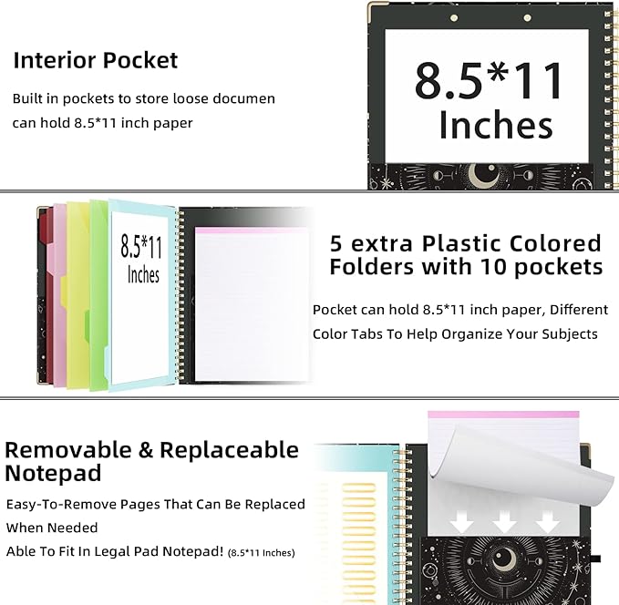 Ospelelf Clipboard with Storage 8.5 X 11，Padfolio Organizer, Spiral Portfolio Letter Size with Notepad, Pen Holder, 5 Extra Folder Divider Pages, Elastic Closure Nurse Office Essentials (Black Tarot)