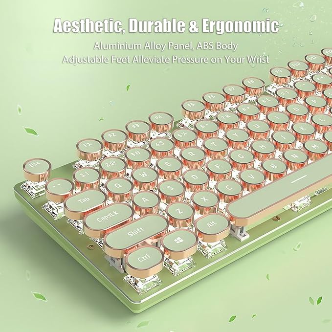 Typewriter Style Mechanical Gaming Keyboard White LED Backlit 104-Key NKRO Pink Switches Retro Round Keycaps Golden Ring Volume Knob Metal Panel Wired USB-C Detachable Cable, Matcha Green