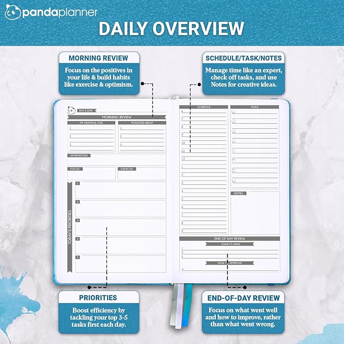 Panda Planner 2025-2026 – Classic Academic Daily, Weekly & Monthly Undated Planner, Agenda & Calendar Notebook – Productivity & Goals – Cyan Blue