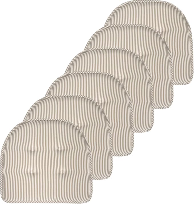 Sweet Home Collection Chair Cushion Memory Foam Pads Tufted Slip Non Skid Rubber Back U-Shaped 17" x 16" Seat Cover, 6 Count (Pack of 1), Pinstripe Taupe