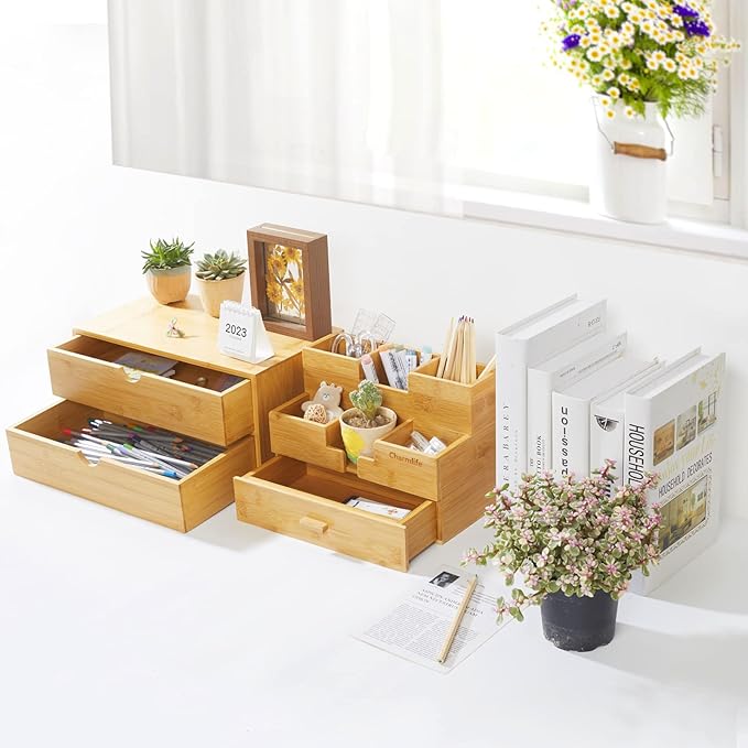 Bamboo Desk Organizer With Drawers Countertop Drawers 2 Drawers Counter Storage Box Corner Desk Organizer for Home Office No Assembly Required