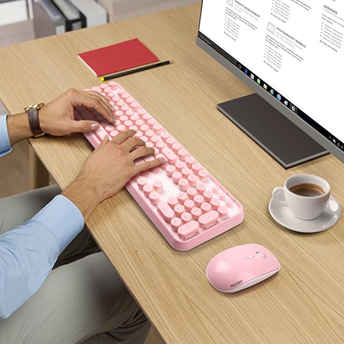 Pink Wireless Keyboard Mouse Combo,104 Round Keys Cute Colorful Keyboard Retro Typewriter Style,Letton Full Size Keyboard with Number Pad&Mouse with 3 DPI for PC Mac Laptop Computer Windows