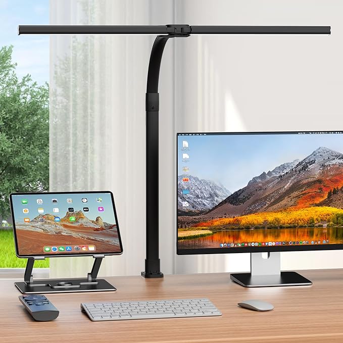 LED Desk Lamp for Home Office - 24W Computer Lamp with Remote Control, Dual Head Desk Light Bar with Clamp, 5 Color & Brightness Adjustable, Tall Flexible Task Monitor Lighting, Black