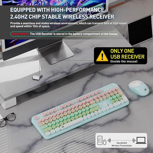 FD 2.4GHz Wireless Keyboard and Mouse Set with Switch Button - Full-Size Keyboard - Compatible for Windows/Laptop/PC/Notebook/Smart TV and More - Blue White Colorful