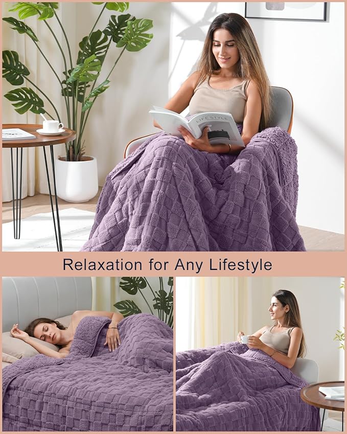 Kivik Dual Sided Weighted Blankets for Adults, Buttery Soft Stylish Checkered Heavy Blanket for Couch Sofa Bed, Ultra-Fluffy Fabric, Machine Washable (60"x80", Purple, 15 Pounds)