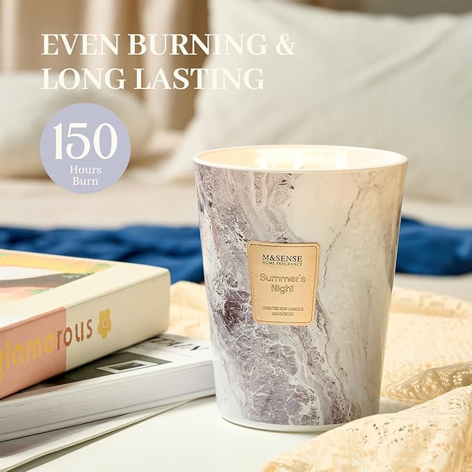 M&SENSE Summer Night Scented Candles for Home, 3-Wick Highly Scented Jar Candles, Extra Large Candle 35 Oz 150 Hours Long Lasting Burning, Relaxing Aromatherapy Candle for Stress Relief, Meditation