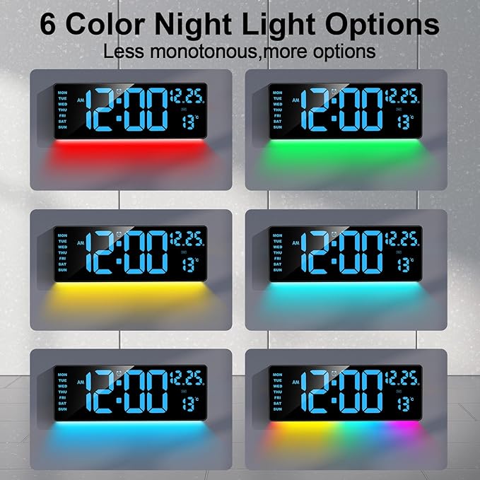 16.5" Digital Clock Large Display with Remote Control, 6-Color Night Light Digital Wall Clock with Dual Alarms, Temperature, Auto DST Large Digital Clock for Living Room, Bedroom, Desk, Mounted, Gift