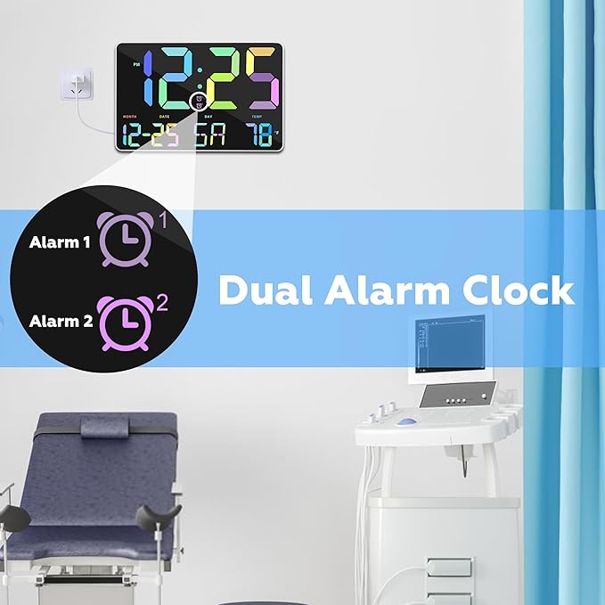 Amgico RGB Digital Alarm Clock with Snooze,Temperature,Auto Dimming,11.5" Large Display Calendar,Desk/Wall Clock for Bedroom,Living Room,Office,Home,Classroom,Kids,Elderly