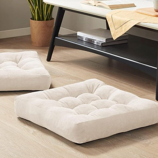 Meditation Floor Pillow Set of 2, Square Large Pillows Seating for Adults, Tufted Corduroy Cushion for Balcony Outdoor Tatami Living Room, Beige, 22x22 Inch