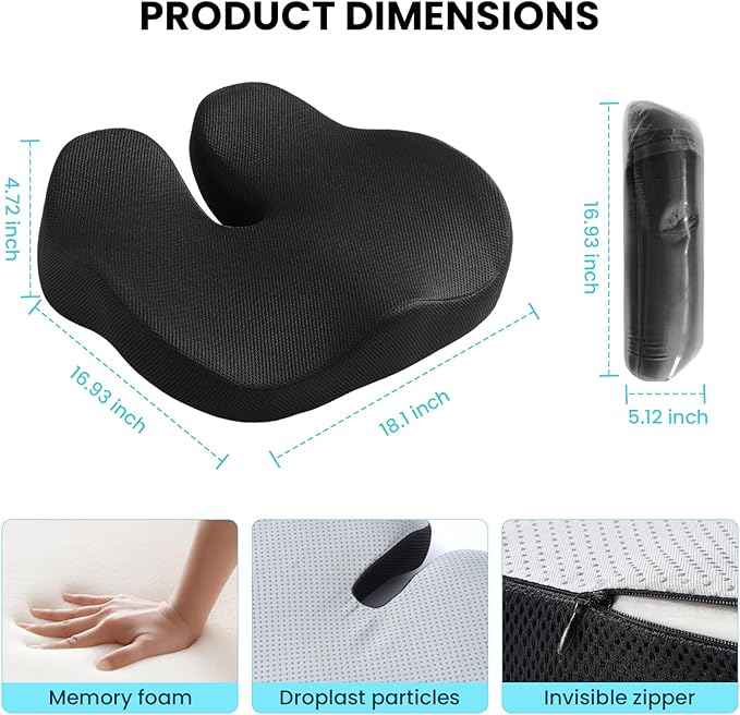 CXC Seat Cushion: Extra Thick Memory Foam with Cooling Gel & ComfortCurve Ergonomic Design - Donut Pillow for Tailbone Pain Relief, Sciatica Support, Orthopedic Office Chair Cushion, Wheelchair.