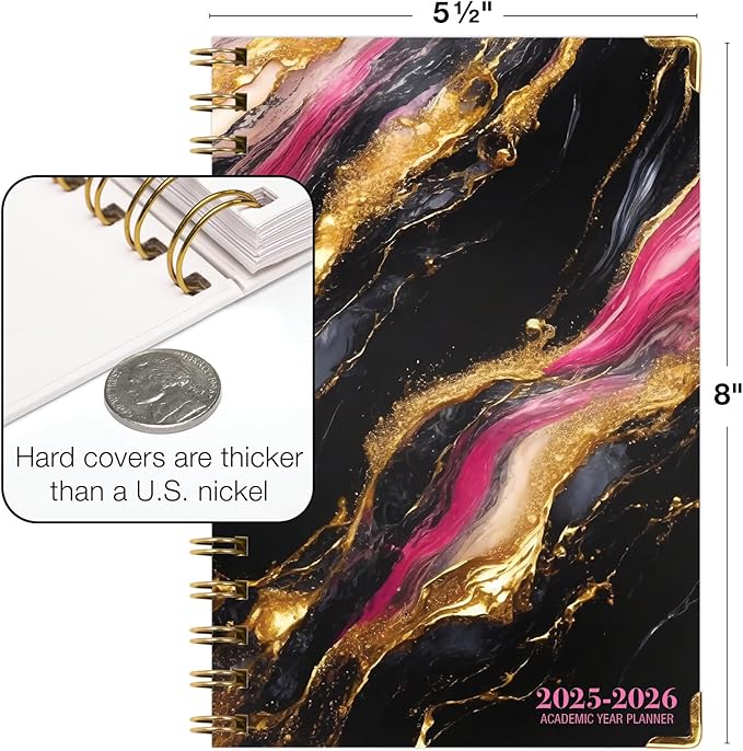 HARDCOVER Academic Year 2025-2026 Planner: (June 2025 Through July 2026) 5.5"x8" Daily Weekly Monthly Planner Yearly Agenda. Bookmark, Pocket Folder and Sticky Note Set (Dark Gold Marble)