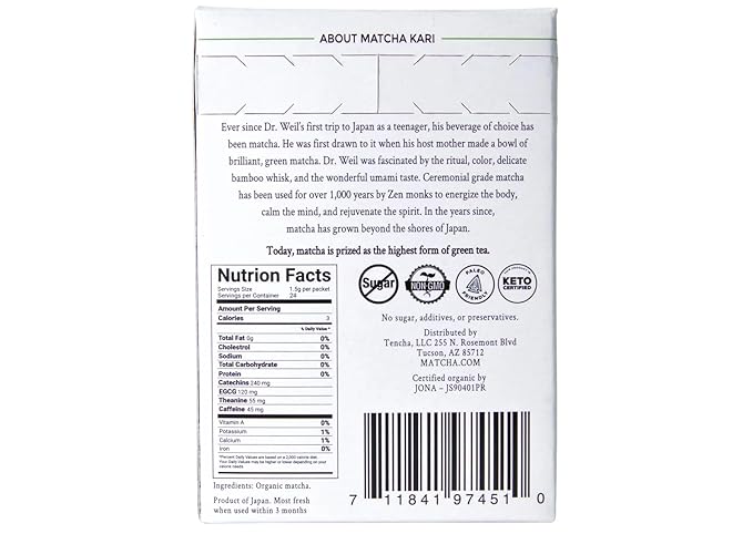 Matcha Green Tea Powder Single Serving Sticks, Dr. Weil's Ceremonial Organic Matcha Powder Singles Packets - Individual Matcha Tea Packets (12)