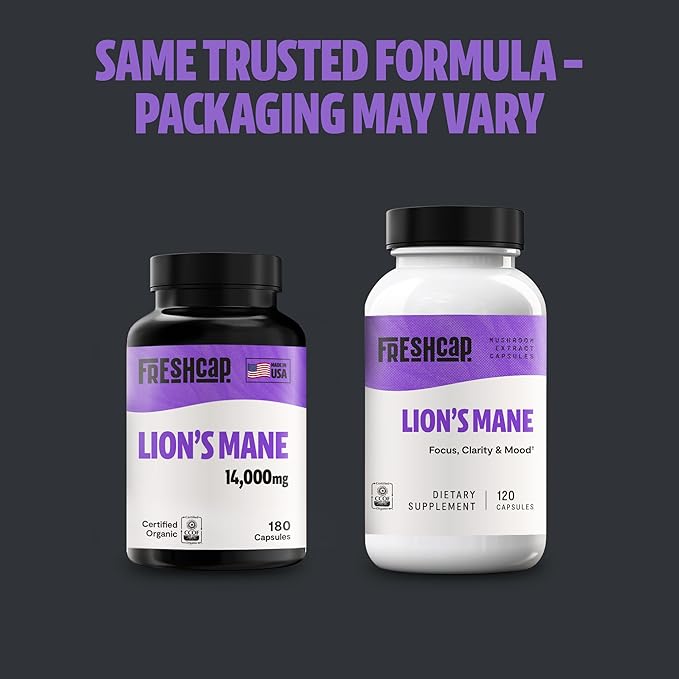 FreshCap Lions Mane Supplement Capsules 14,000mg - Lion's Mane Mushroom Extract for Brain Support, Premium Ayurveda Organic LionsMane Mushroom for Memory, Focus & Clarity (180 Capsules)