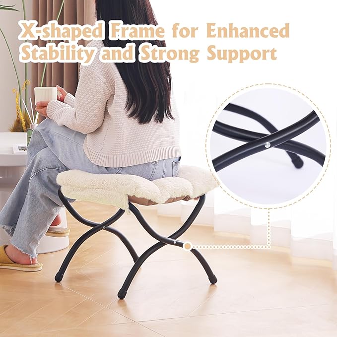 Welnow Folding Foot Stool, Upholstered Small Accent Ottoman with Detachable Thick Cotton Cushion Padded Sofa Stool and Metal Frame for Lazy Chair, Living Room, Bedroom, Plush Beige