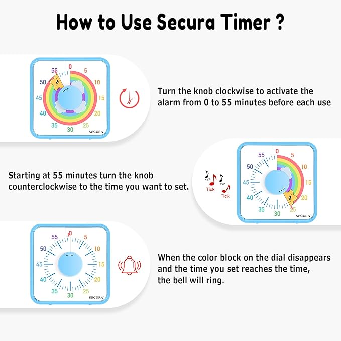 Secura 60-Minute Visual Timer, 7.5 Inch Magnetic Rainbow Countdown Timer for Classroom or Kitchen, Durable Mechanical Timer Clock with Magnetic Backing (Blue & Star)