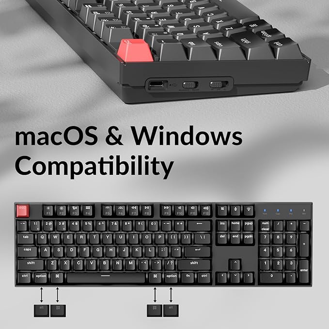 Keychron K10 Full Size Layout White LED Backlit Hot-Swappable Mechanical Keyboard for Mac Windows, 104-Key Bluetooth Wireless/USB Wired Computer Keyboard with Keychron Super Red Switch(Version 2)