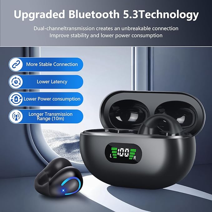 Open Ear Bone Conduction Headphones Bluetooth 5.3 Clip On Earbuds with Digital Display Charging Case 60 Hours Playtime Sport Earphones Built-in Mic IPX7 Waterproof for Running Fitness Black