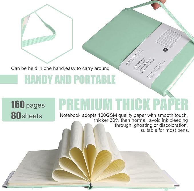Lined Journal Notebook, 6Pack(Eggshell Green), 160 Pages, Medium 5.7 inches x 8 inches - 100 gsm Thick Paper, Hardcover