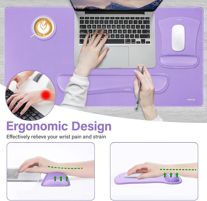 MOSISO Keyboard Mouse Pad Set, Large Gaming Mousepad&Keyboard Wrist Rest&Mouse Wrist Rest&Coaster, Ergonomic Non-Slip Mousepad&Easy Typing Cushion with Memory Foam for Home Office, Purple
