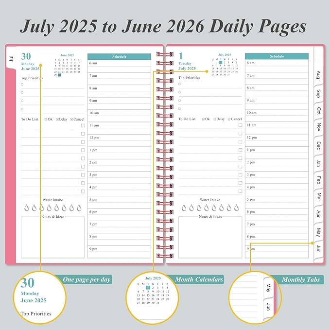 2026 Daily & Monthly Planner - One Page Per Day, Daily Planner 2026 from January 2026 to Deccember 2026, Planner 2026 with 12 Monthly Tabs, 6.4" x 8.5", Pink