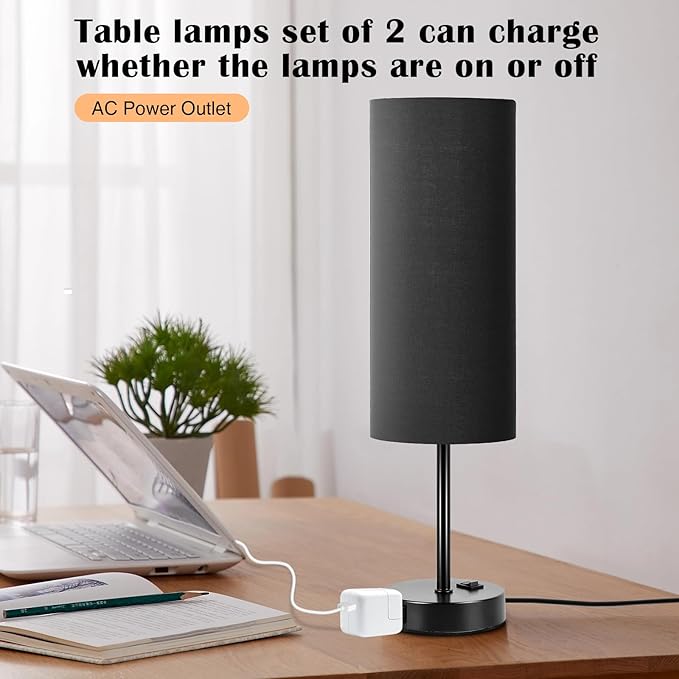 ZJOJO Table Lamp for Bedroom 2 Pack,18in Bedside Lamps with 3 Way Dimmable Rocker Switch & AC Outlet,Nightstand Desk Lamp with Black Fabric Shade Black Base for Living Room Home Decor Lights