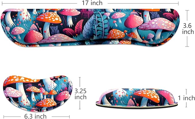Dapesuom Enlarge Keyboard Wrist Rest, Memory Foam Wrist Cushion for Desk Mats Support, Boho Typing Pain Relief Keyboard Mouse Pad Rests Set with Non-Slip Base for Gaming Laptop Computer, Mushrooms