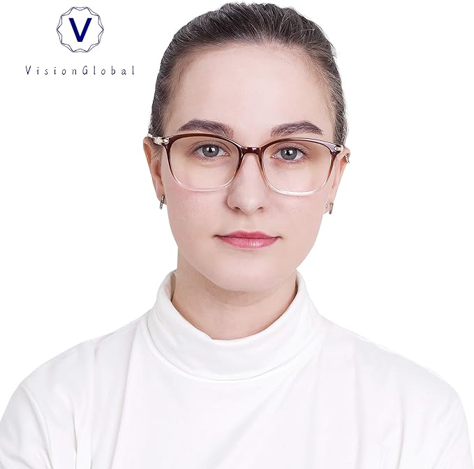 VisionGlobal Blue Light Blocking Glasses for Women, Anti Eyestrain, Computer Reading, TV Glasses, Stylish Square Frame, Anti Glare(Clear Brown,+2.50 Magnification)