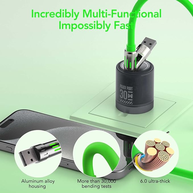 MFish 4-in-1 Universal USB Charging Cable with Carrying Case – 240W Max Fast Charger Cord, USB-A, Dual USB-C & Lighting, for iPhone 14/15/16/17 Series, iPad & MacBook and More (Green, 6.6Ft)