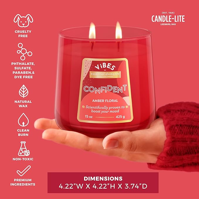 Candle-Lite Vibes Amber Floral Mood-Enhancing Scented Candles, 15 oz Jar, Aromatherapy, Proudly Poured in The USA, 2-Wick, 86 Hours Burn Time, Perfect Relaxation Gift