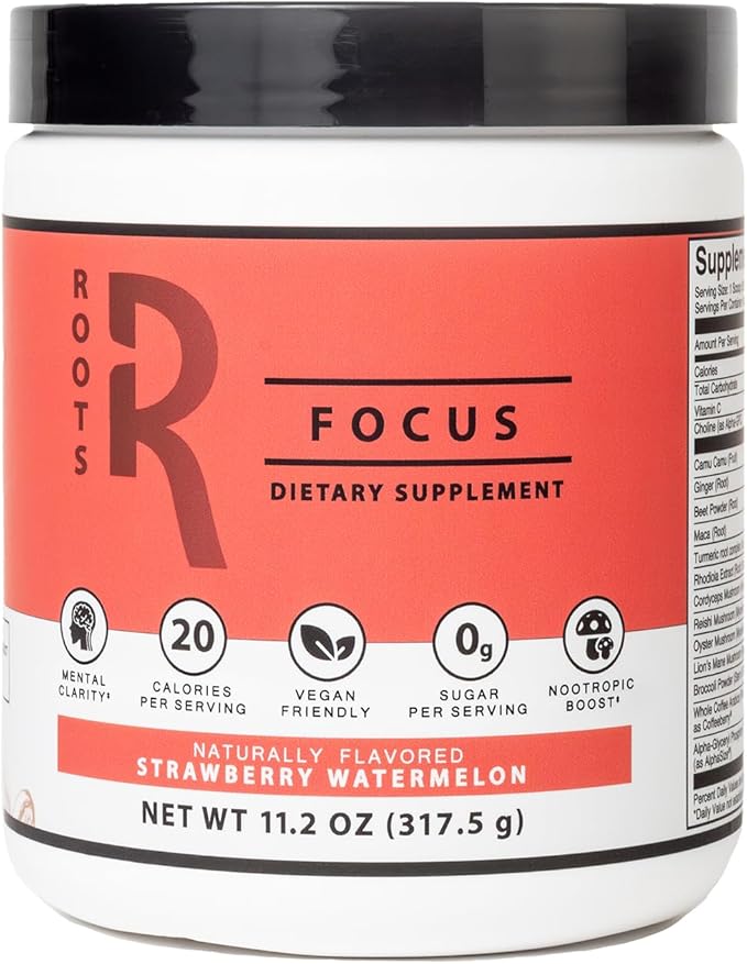 Roots Focus Nootropic Brain Supplement - Strawberry Watermelon, Blend of Lion's Mane, Cordyceps, & Reishi Functional Mushrooms + Extended-Release Caffeine, 50 Servings