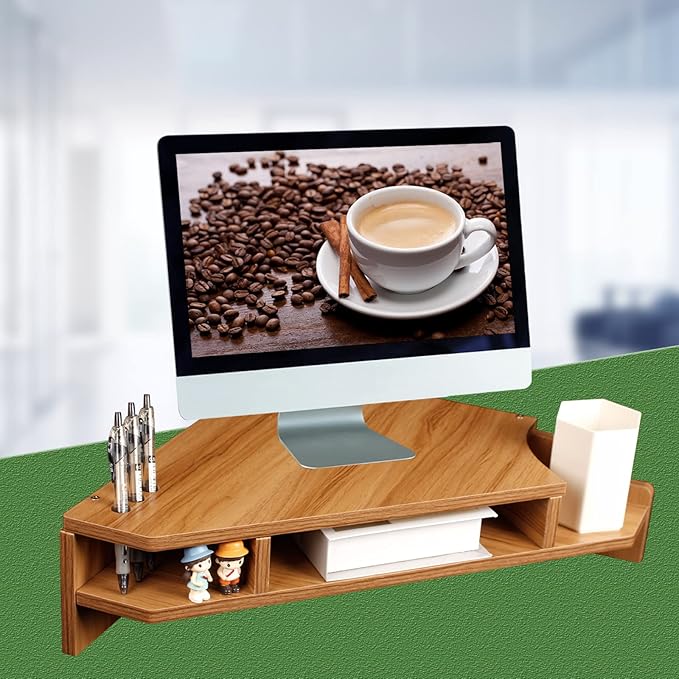 Triangle Monitor Stand Riser, Wooden Triangle Desktop Computer Stand with Office Organization, Walnut Color