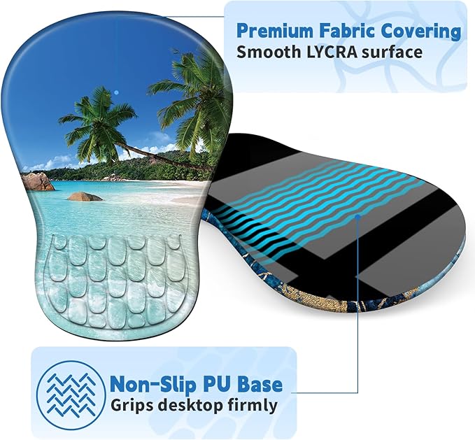 Ergonomic Mouse Pad with Wrist Rest Support, Mousepad with Comfortable Memory Foam Wrist Rest and Non-Slip PU Base for Pain Relief, Computer, Laptop, Office, Home (Beach)