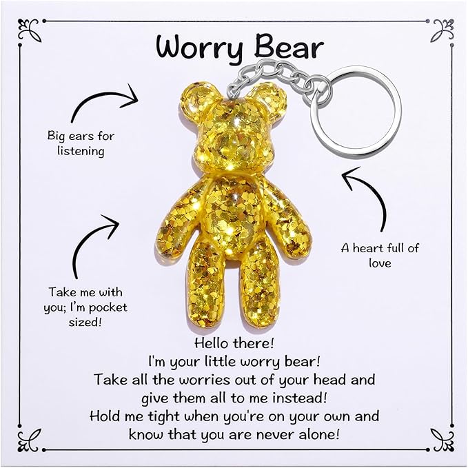 Worry Bear, Pocket Bear Hug, Anxiety Gifts for Women Men, Mental Health Positivity Gift, Stress Reliefs Gifts for Her, Thoughtful Gift for School Anxiety, Gold