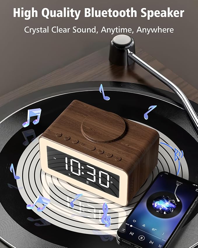 Digital Alarm Clocks for Bedrooms, Bluetooth Speaker, Alarm Clock with Wireless Charging, White/Brown Noise Sound Machine for Sleep with Night Light Wooden Vintage Decor Birthday Gifts for Men, Women