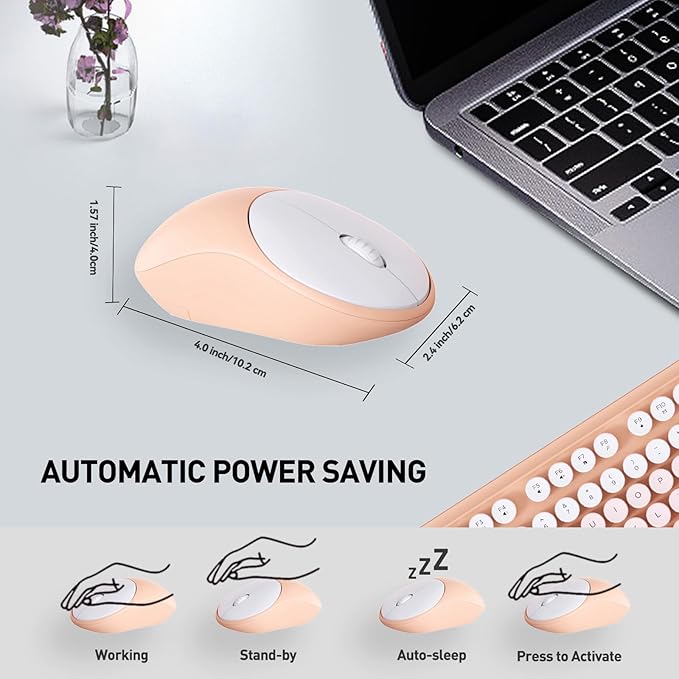 Keyboard and Mouse Wireless,2.4Ghz Retro Typewriter Style Round Keycap,Full Size Wireless Keyboard Mouse Combo,Cute Cordless Keyboard Mouse Set for PC Laptop Desktop Computer-Pink Orange Colorful