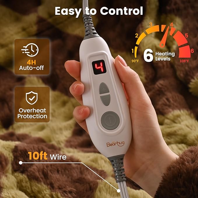 Bearhug Heated Throw Blanket, 50" × 60" Electric Throw, Faux Fur & Warm Sherpa, 4h Auto-Off Timer & 6 Heating Levels,ETL Certified, Machine Washable, Gift Box Packaging