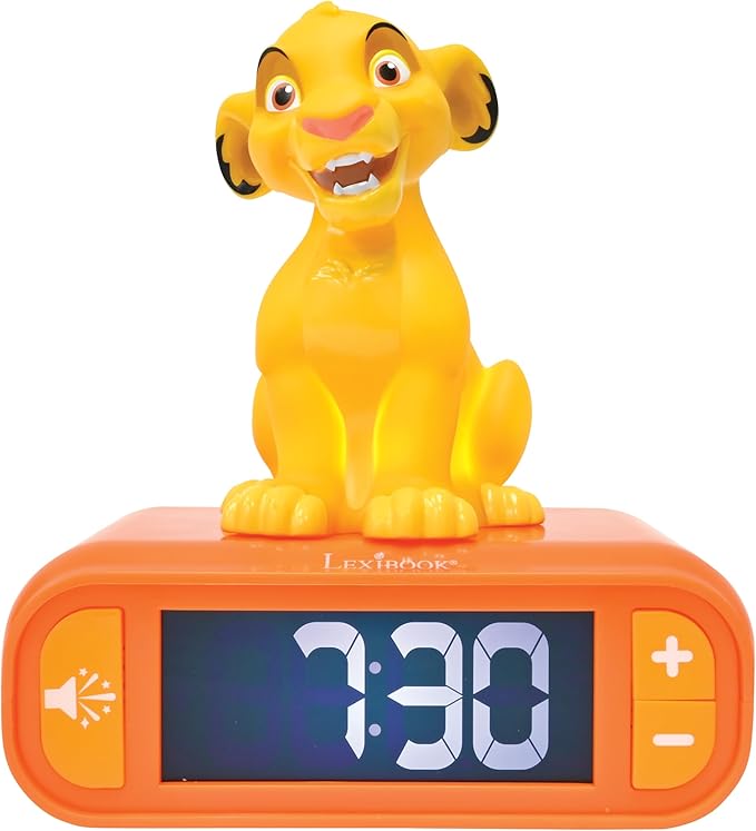LEXiBOOK, Disney The Lion King, Simba Nightlight Alarm Clock, Sounds and Melodies, LCD Backlit Screen, Luminous, Snooze, Yellow/Orange, RL800AN