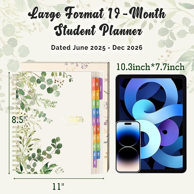 Jun 2025-Dec 2026 Academic Monthly Weekly Daily Planner for School, 19 Months Calendar 25-26 Planning Book with Colorful Tabs, 8.5" x 11" Mid Year College Organizer for Student Teacher (Greenery)