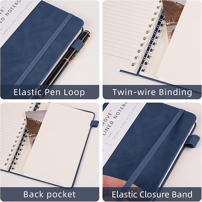 Spiral Notebooks Journal for Women Men 12 Pack Bulk Leather Hardcover with Pen Holder A5 160 Pages 100 GSM Thick Paper for Work School Lined Navy Blue
