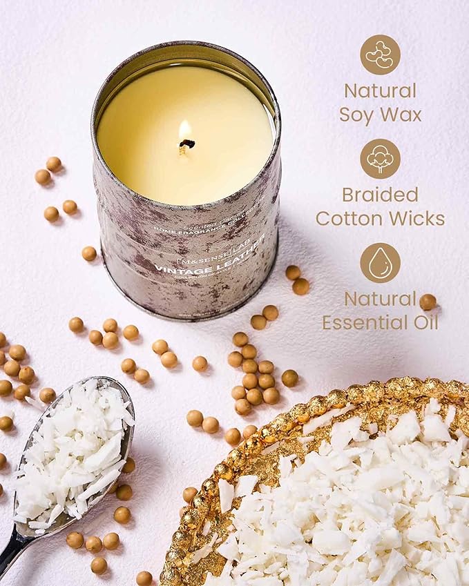 M&SENSE Vintage Leather Scented Candles Natural Non Toxic, Aromatherapy Candle for Stress Relief Meditation Relaxing, Housewarming Gifts for Women Men, 11.3oz 70 Hour Long Burning
