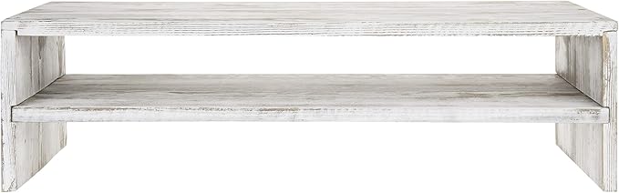 MyGift Shabby Whitewashed Wood Computer Monitor and Laptop Riser Stand for Desk, 2 Tier Office Desktop Storage Shelf