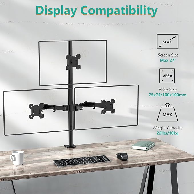 WALI Triple Monitor Mount for 13-27 inch Computer Screens, 3 Monitor Desk Mount, Holds up to 22 lbs, Adjustable Triple Monitors Stand with Swivel Tilt Rotation, 75x75/100x100mm (M003), Black