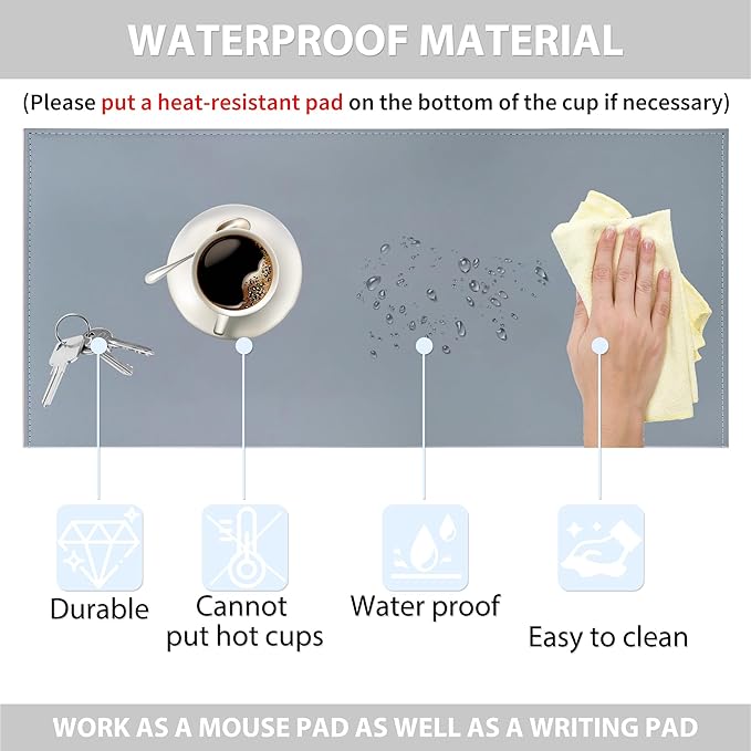 AKOZLIN 27.55”x 15.8" Soft PU Leather Surface Office Desk Mouse Mat Anti-Push Pad with Full Grip Fixation Lip Table Blotter Edge-Locked Protector Grey