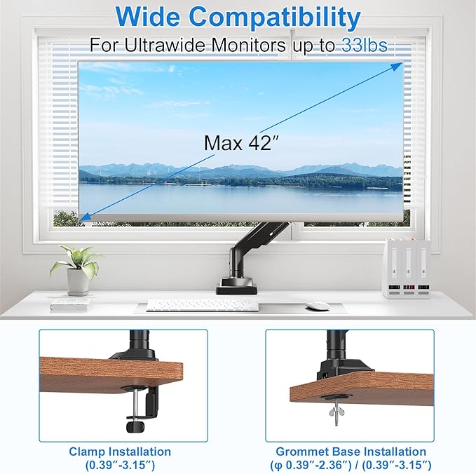 Single Monitor Mount for Max 43", Premium Monitor Arm Hold up 2.2-33lbs Ultrawide Computer Screens, Full Motion Gas Spring Heavy Duty Desk Mount Adjustable VESA Mount 75x75/100x100mm