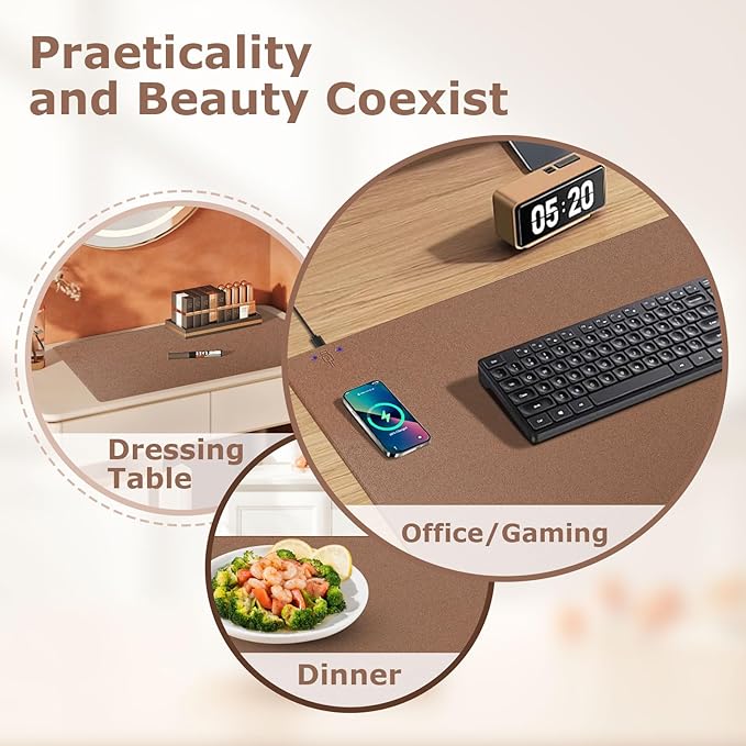 Wireless Charging Mouse Pad Firelison 2 in 1 Leather Multifunctional Office Desk Pad with Non-Slip Rubber Base, Waterproof Desk pad for Computers/Office/Work/Home/Decor（ 36" x 17"Buff - L）