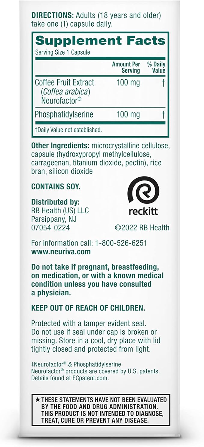 NEURIVA Original Decaffeinated Clinically Tested Nootropic Brain Supplement for Memory, Focus & Concentration, NeuroFactor & Phosphatidylserine, 28ct Capsules
