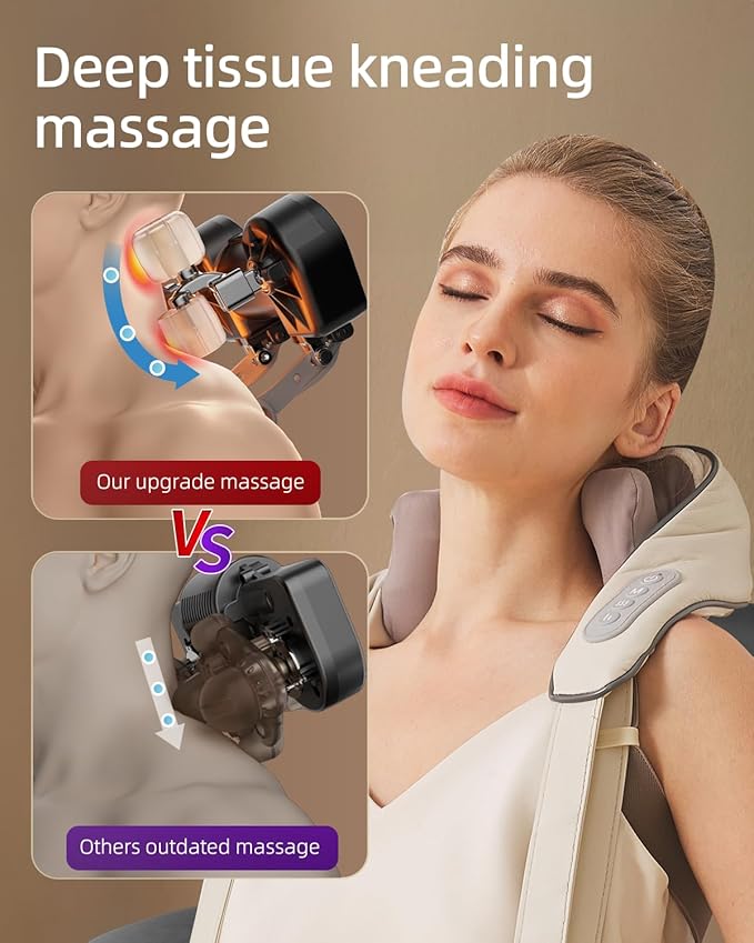 Neck Massager for Pain Relief deep Tissue Relieves Tension Kneading Massager with Heat Improves Circulation Eases Muscle Soreness,Ideal Gifts(Beige)